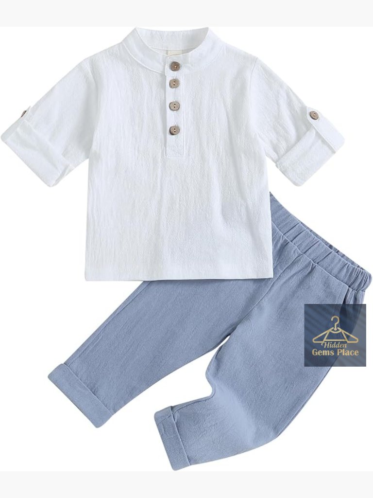 Toddler Cotton Linen Henley Button Down Long Sleeve Shirt & Pants Set